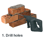 Make a sequence of horizontal blind holes with a diameter of 14 mm, at a distance of 12 cm, approximately 10 cm above the ground. The holes should preferably be aligned horizontally and implemented, where possible, following the course of the mortar joints of bricks or stones that make up the masonry.