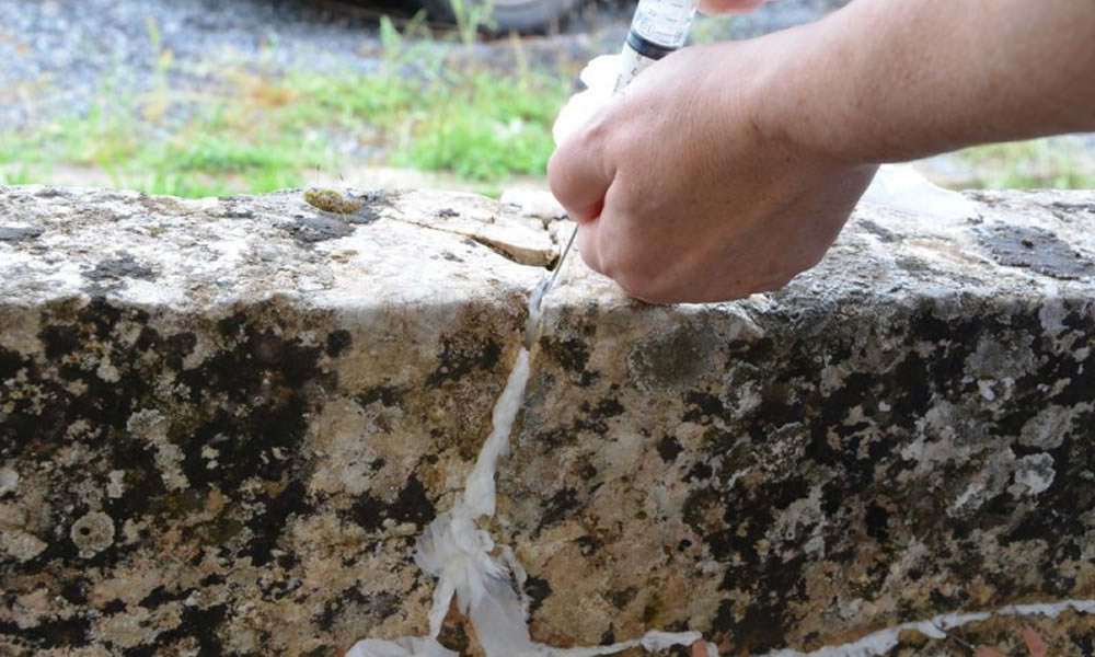 Реставрация и укрепване на каменен паметник с ремонтен разтвор CaloXil възстановяване на боядисването на стени и третиране на пукнатини с инжекционен разтвор: