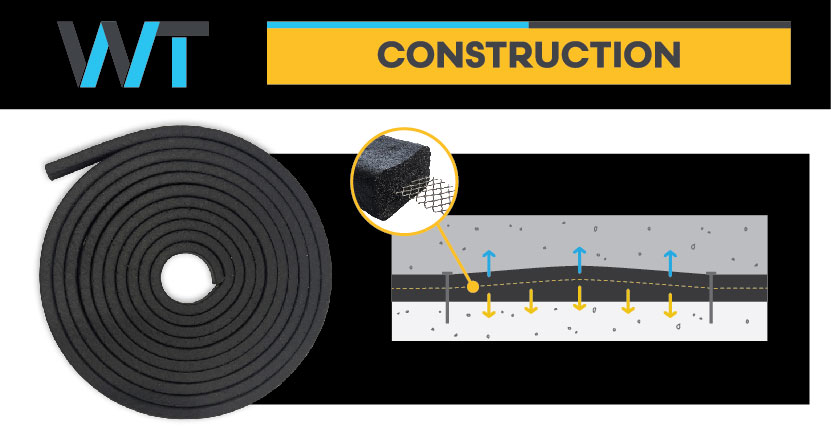 WT Construction е водонабъбващ профил на базата на EPDM каучук, армиран в средата с коекструдирана стоманена мрежа, която стабилизира и насочва обемното разширение.