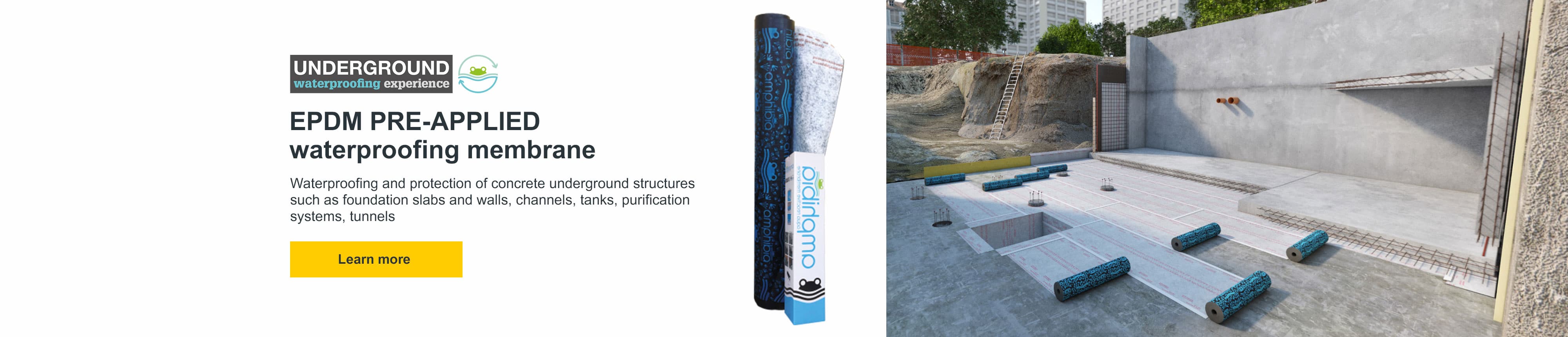 MPHIBIA 3000 GRIP is an EPDM PRE-APPLIED waterproof membrane, reactive to contact with water, SELF-REPAIRING, SELF-SEALING and SELF-FASTENING to the concrete.