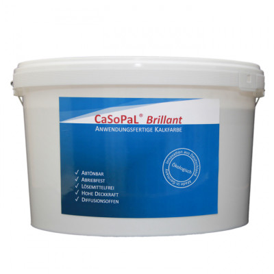 CaSoPaL® lime paint brilliant is ready-for-use, highly alkaline, diffusion open lime paint, abrasion resistant, brilliant white due to the addition of titanium dioxide, high covering capacity, tintable with alkalinity resistant pigments