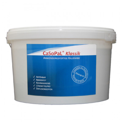 The CaSoPaL® classic is ready-for-use lime paint, is diffusion-open, highly alkaline, abrasion resistant, and tintable with alkalinity-resistant pigments, application is possible by brushing, rolling and spraying