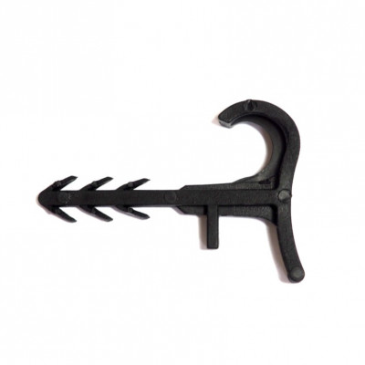 Plastic fixation clamp for the rapid securing of injection hoses. Enables quick installation via hammer-in method into 6mm pre-drilled holes, eliminating the need for additional dowels or anchors.