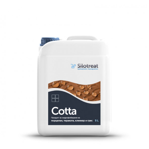 SiloTreat® Cotta е продукт, който придава олео и хидрофобни свойства на повърхности от порцелан, теракота, клинкер и грес, като не им позволява да задържат течности и замърсители.

SiloTreat® Cotta предотвратява отлагането на котлен камък, миещи препарати (сапун, шампоани и др.). Хидрофобизаторът улеснява почистването и поддържането на обработените повърхности.