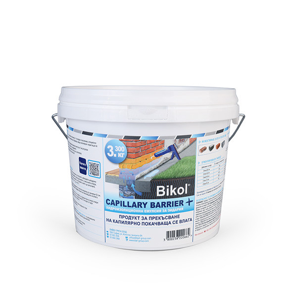 Bikol® Capillary Barrier + 3.300 kg е готов за употреба тиксотропен хидоизолационен гел с pH 7-8, прониква лесно в порестия субстрат и прави зидарията хидрофобна, благодарение на което се възпрепятства капилярно покачващата се влага, като в същото време не се променя свойството на зидарията да диша. Bikol® Capillary Barrier + се инжектиране лесно чрез ръчна бутална помпа.